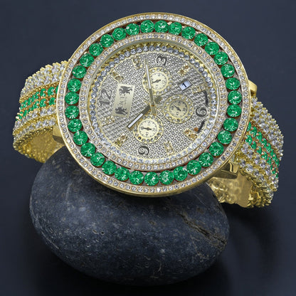 Emerald Green 18K Yellow Gold Finish Real Diamond Face Iced Out Bezel & Band Mens Custom Watch W/Date Function