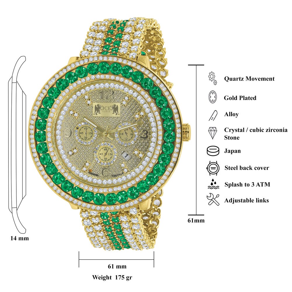 Emerald Green 18K Yellow Gold Finish Real Diamond Face Iced Out Bezel & Band Mens Custom Watch W/Date Function