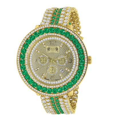 Emerald Green 18K Yellow Gold Finish Real Diamond Face Iced Out Bezel & Band Mens Custom Watch W/Date Function