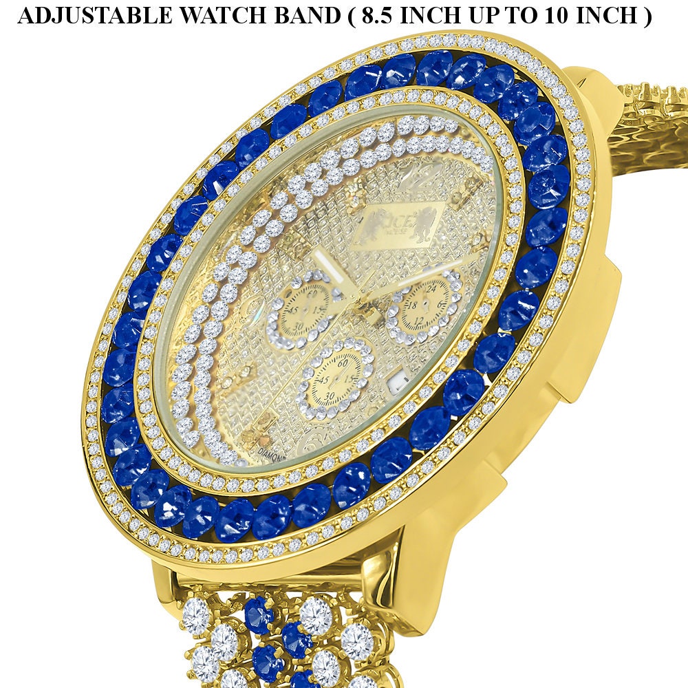 18K Yellow Gold Finish Real Diamond Face Iced Out Bezel & Band Blue Sapphire Mens Custom Watch W/Date Function