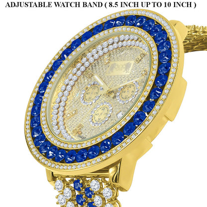 18K Yellow Gold Finish Real Diamond Face Iced Out Bezel & Band Blue Sapphire Mens Custom Watch W/Date Function