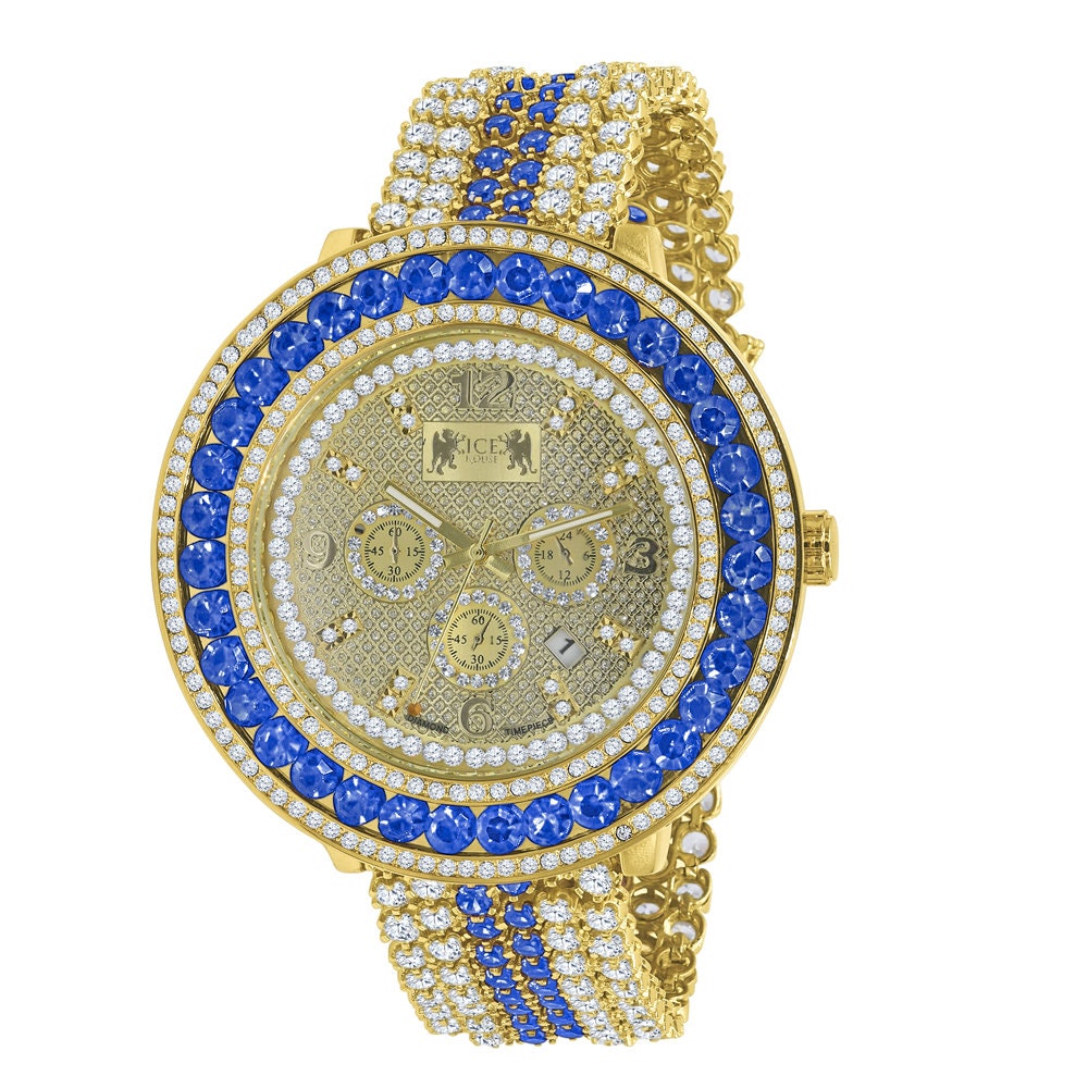 18K Yellow Gold Finish Real Diamond Face Iced Out Bezel & Band Blue Sapphire Mens Custom Watch W/Date Function