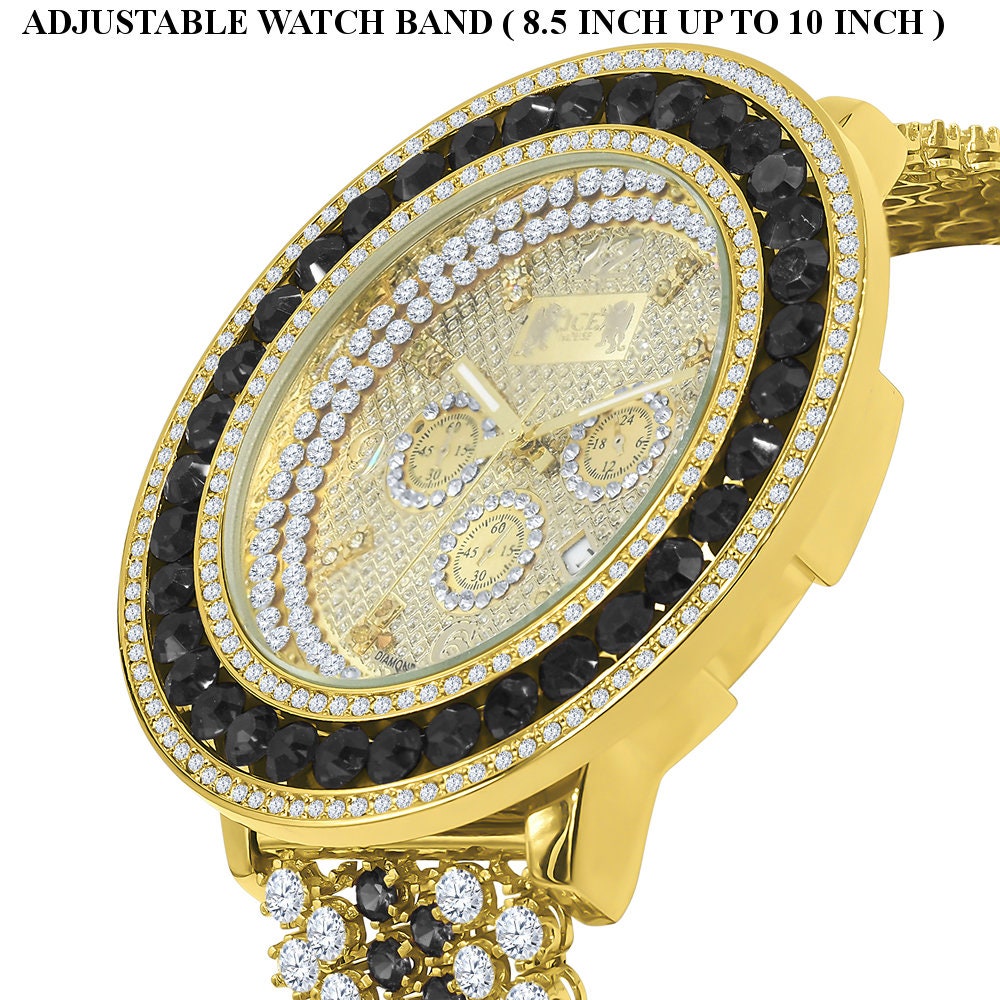 Mens 18K Yellow Gold Finish Real Diamond Face Iced Out Bezel & Band Black Onyx Custom Watch W/Date Function
