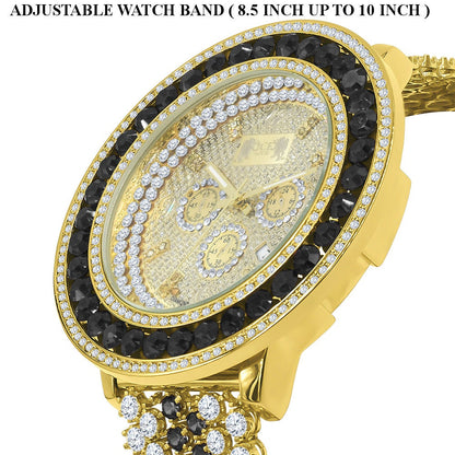 Mens 18K Yellow Gold Finish Real Diamond Face Iced Out Bezel & Band Black Onyx Custom Watch W/Date Function