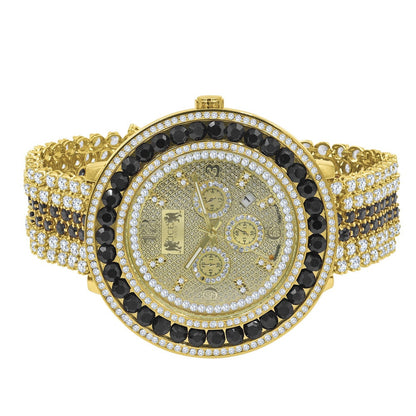 Mens 18K Yellow Gold Finish Real Diamond Face Iced Out Bezel & Band Black Onyx Custom Watch W/Date Function
