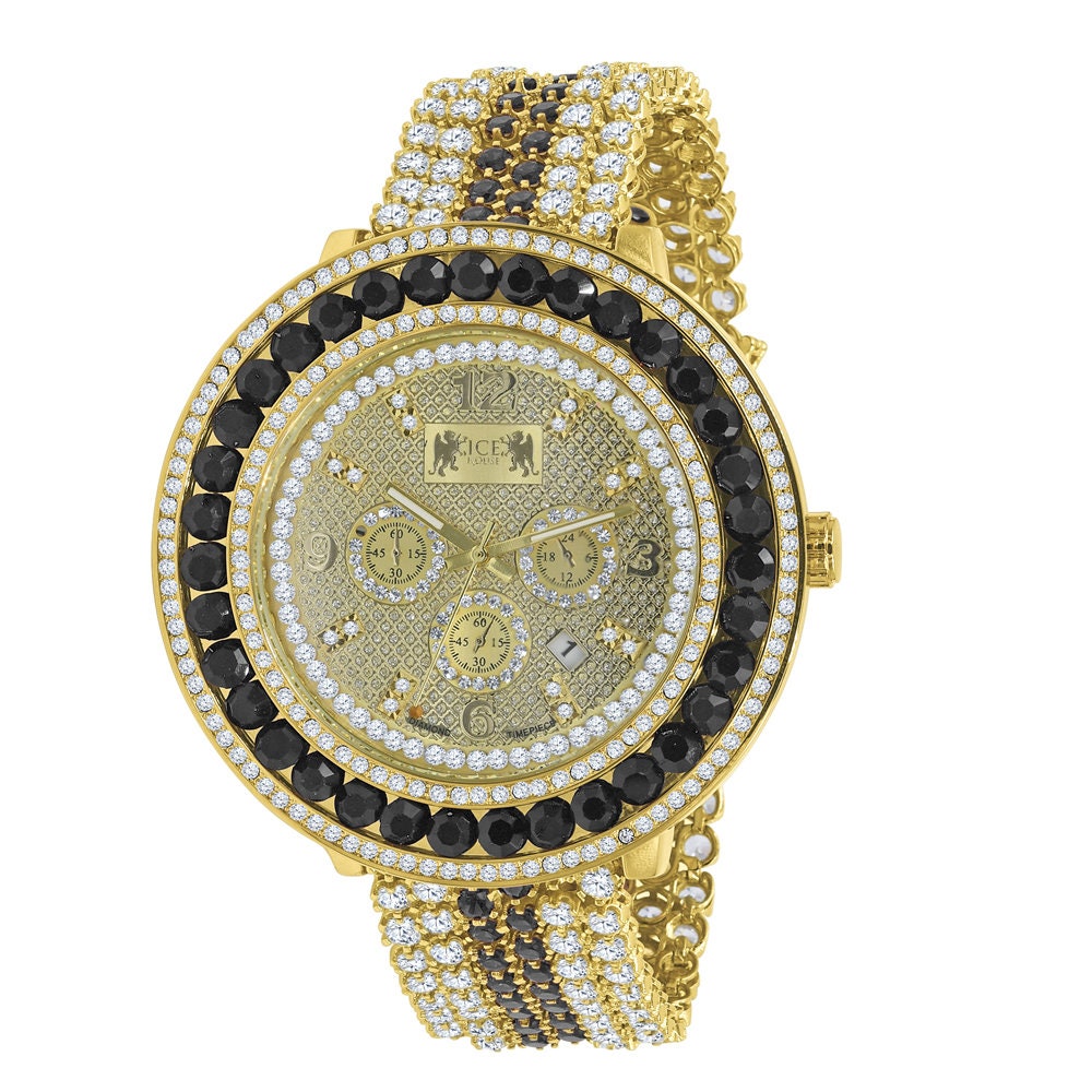 Mens 18K Yellow Gold Finish Real Diamond Face Iced Out Bezel & Band Black Onyx Custom Watch W/Date Function