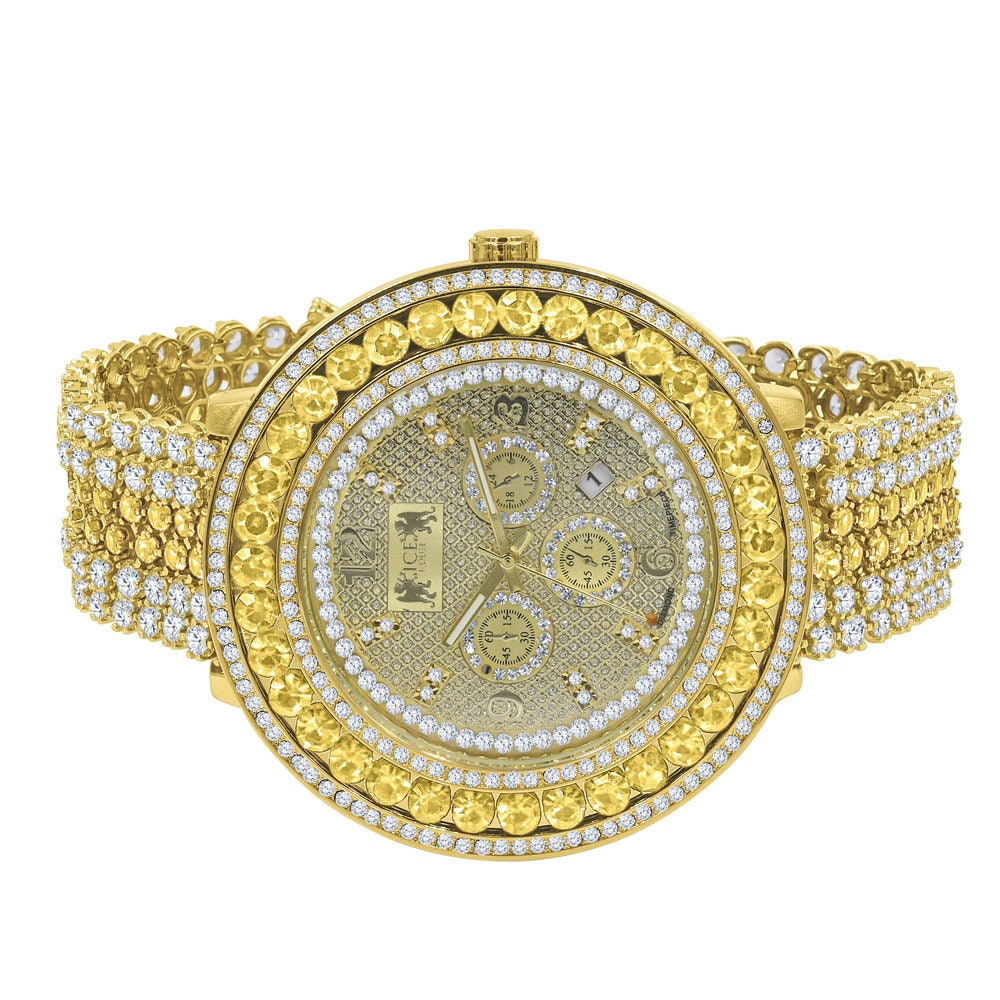 Big Bold Mens Genuine Diamond Dial Canary Face Gold Finish Iced Out Custom Watch W/Date Function