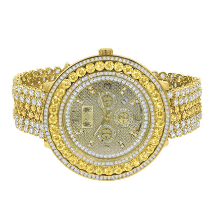 Big Bold Mens Genuine Diamond Dial Canary Face Gold Finish Iced Out Custom Watch W/Date Function