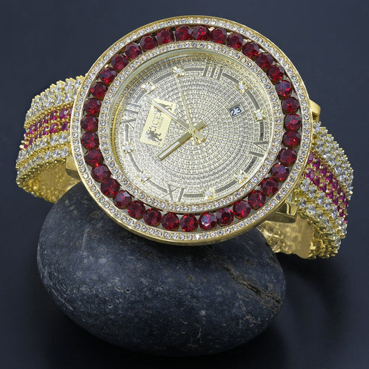 Solitaire Iced Out Bezel Real Diamond Dial Roman Face Ruby Red Mens Adjustable Size Custom Watch W/Date Function