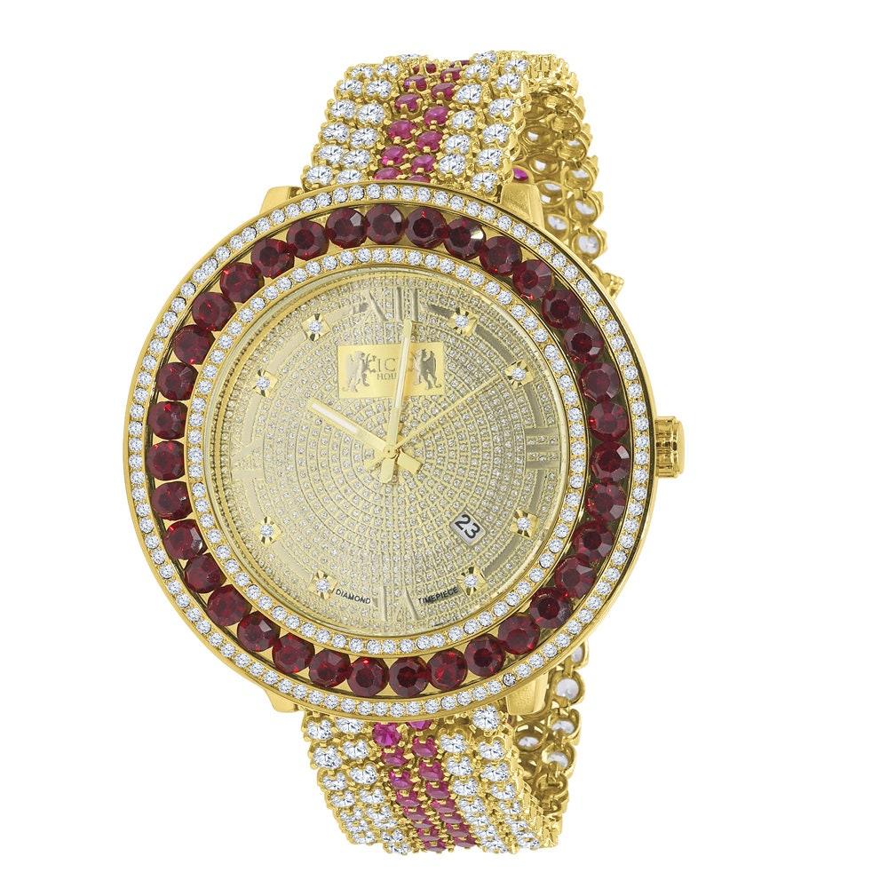 Solitaire Iced Out Bezel Real Diamond Dial Roman Face Ruby Red Mens Adjustable Size Custom Watch W/Date Function