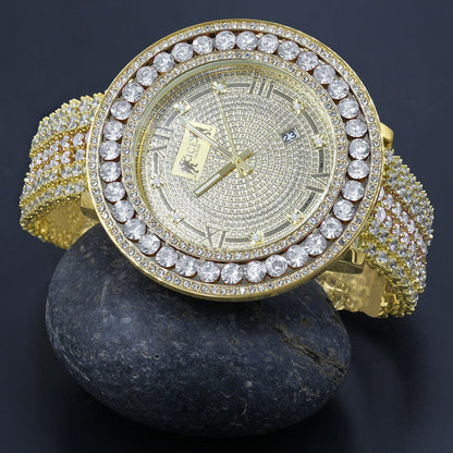 Iced Out Solitaire Bezel Real Diamond Dial Roman Face 18K Gold Finish Mens Adjustable Size Custom Watch W/Date