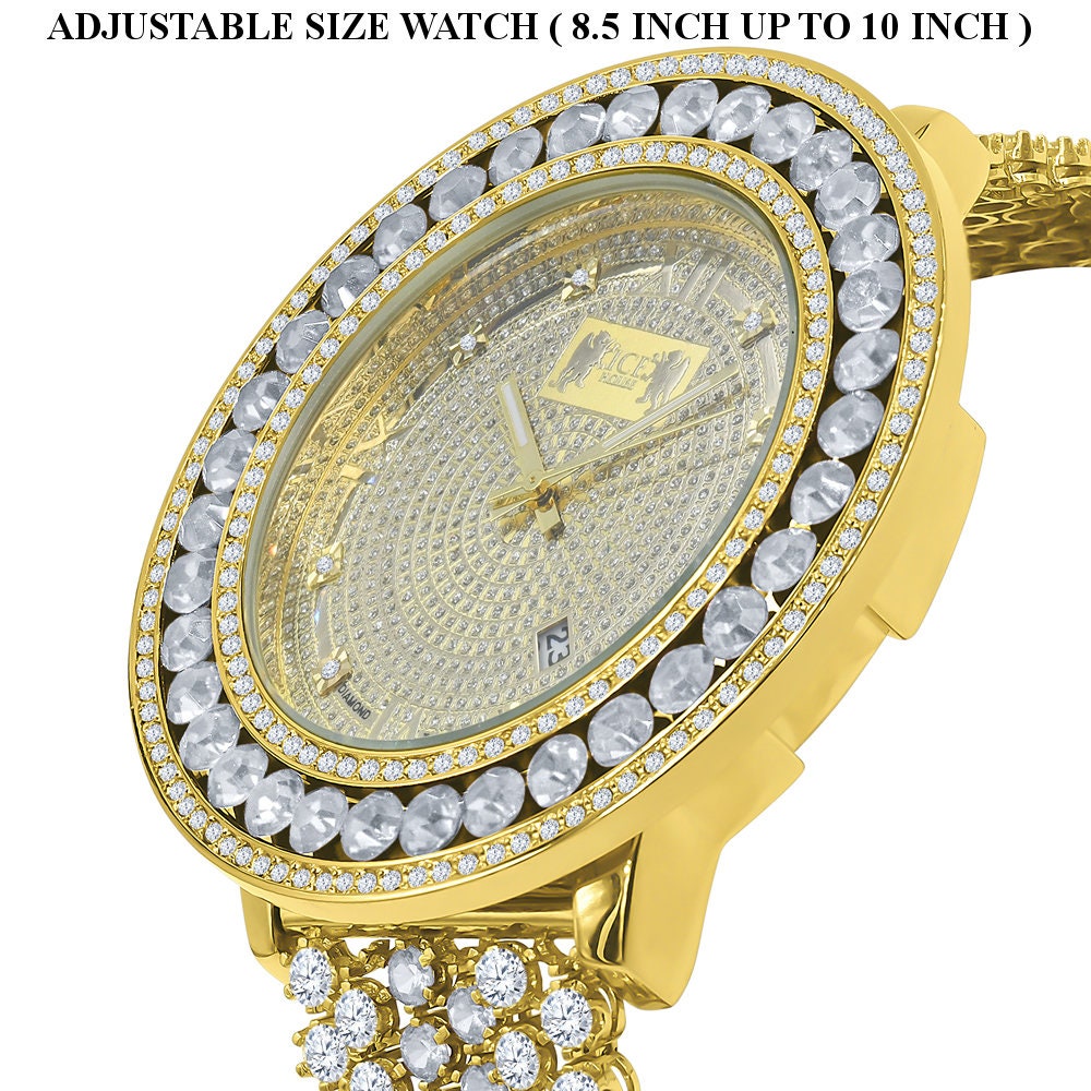 Iced Out Solitaire Bezel Real Diamond Dial Roman Face 18K Gold Finish Mens Adjustable Size Custom Watch W/Date