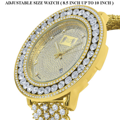 Iced Out Solitaire Bezel Real Diamond Dial Roman Face 18K Gold Finish Mens Adjustable Size Custom Watch W/Date