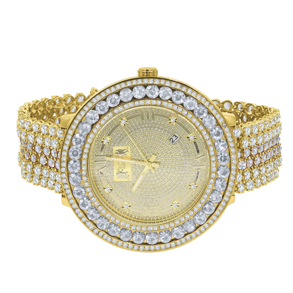 Iced Out Solitaire Bezel Real Diamond Dial Roman Face 18K Gold Finish Mens Adjustable Size Custom Watch W/Date