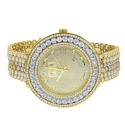 Iced Out Solitaire Bezel Real Diamond Dial Roman Face 18K Gold Finish Mens Adjustable Size Custom Watch W/Date