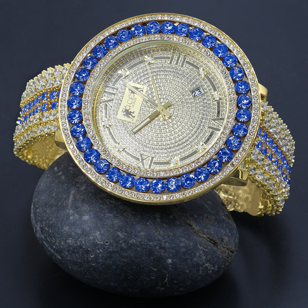 Mens Real Diamond Dial Blue Sapphire Iced Out Solitaire Bezel Roman Face 18K Gold Finish Adjustable Size Custom Watch W/Date