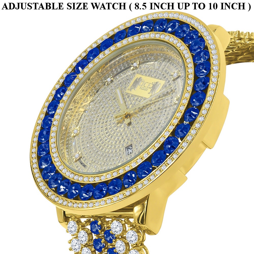 Mens Real Diamond Dial Blue Sapphire Iced Out Solitaire Bezel Roman Face 18K Gold Finish Adjustable Size Custom Watch W/Date