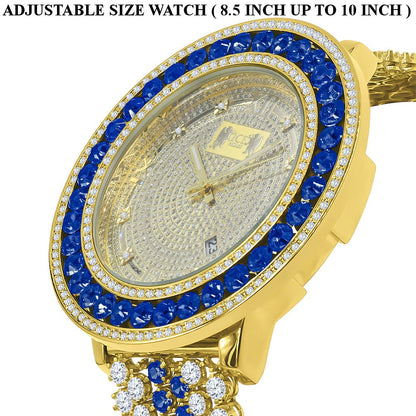 Mens Real Diamond Dial Blue Sapphire Iced Out Solitaire Bezel Roman Face 18K Gold Finish Adjustable Size Custom Watch W/Date
