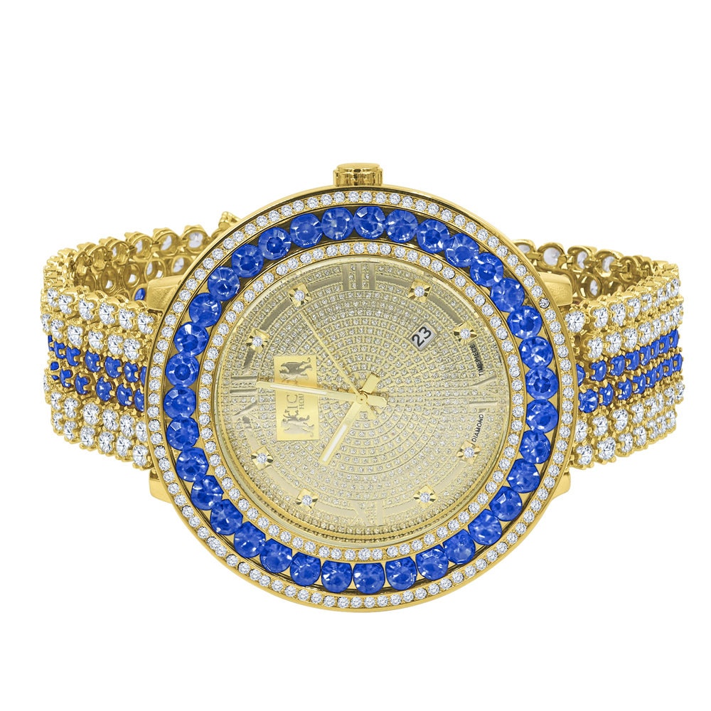 Mens Real Diamond Dial Blue Sapphire Iced Out Solitaire Bezel Roman Face 18K Gold Finish Adjustable Size Custom Watch W/Date
