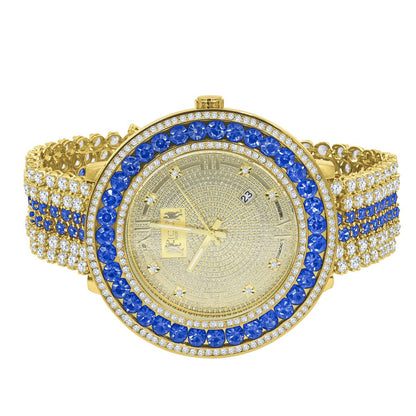 Mens Real Diamond Dial Blue Sapphire Iced Out Solitaire Bezel Roman Face 18K Gold Finish Adjustable Size Custom Watch W/Date