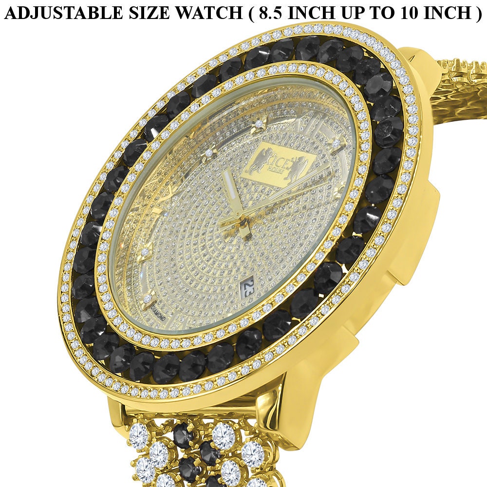 Roman Face Real Diamond Dial Black Onyx Iced Out Solitaire Bezel 18K Gold Finish Adjustable Size Custom Watch W/Date