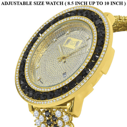 Roman Face Real Diamond Dial Black Onyx Iced Out Solitaire Bezel 18K Gold Finish Adjustable Size Custom Watch W/Date