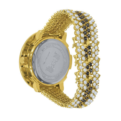 Roman Face Real Diamond Dial Black Onyx Iced Out Solitaire Bezel 18K Gold Finish Adjustable Size Custom Watch W/Date