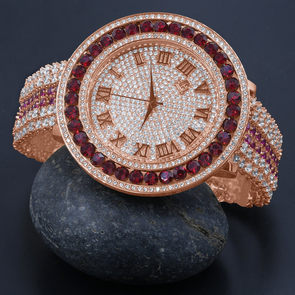 Rose Gold Tone Roman Face Solitaire Simulated Diamond Ruby Red Stainless Steel Back Mens Watch W/Date Function