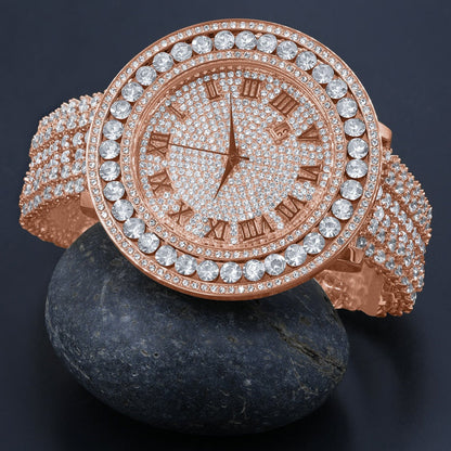 Roman Face Solitaire Simulated Diamond Rose Gold Finish Stainless Steel Back Mens Watch W/Date Function
