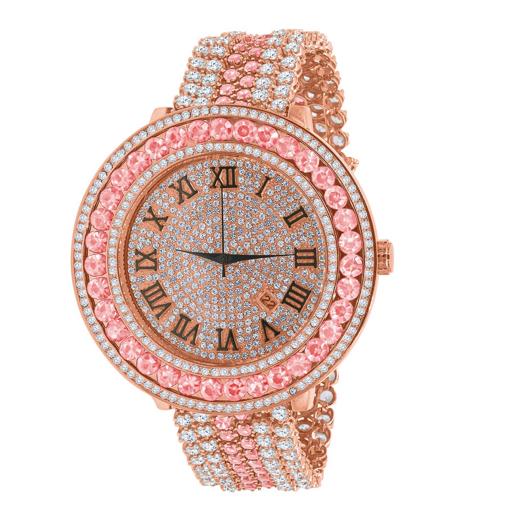 Pink Solitaire Roman Face Simulated Diamond Rose Gold Finish Stainless Steel Back Mens Watch W/Date Function