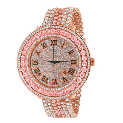 Pink Solitaire Roman Face Simulated Diamond Rose Gold Finish Stainless Steel Back Mens Watch W/Date Function
