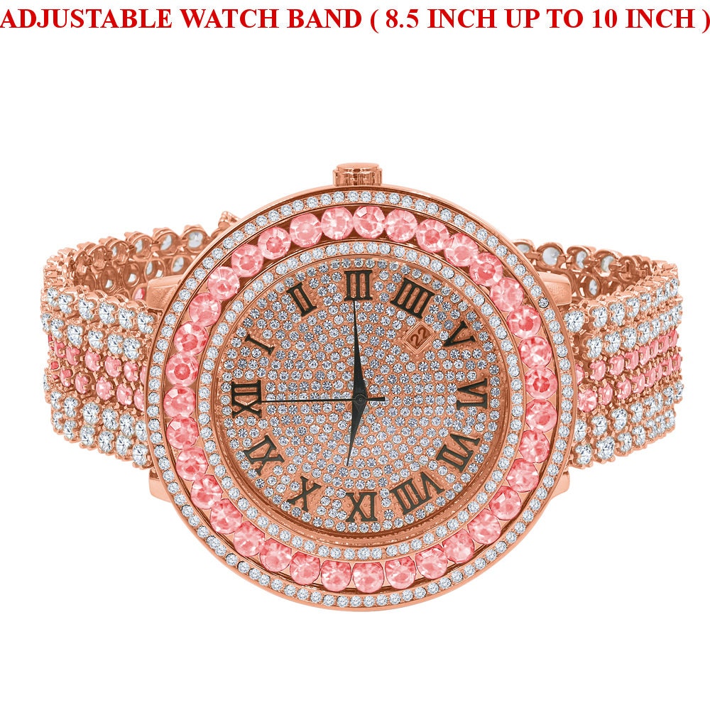 Pink Solitaire Roman Face Simulated Diamond Rose Gold Finish Stainless Steel Back Mens Watch W/Date Function