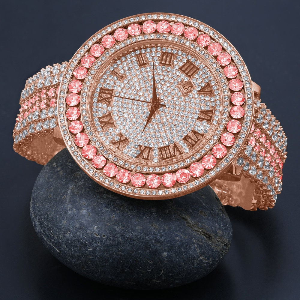 Pink Solitaire Roman Face Simulated Diamond Rose Gold Finish Stainless Steel Back Mens Watch W/Date Function