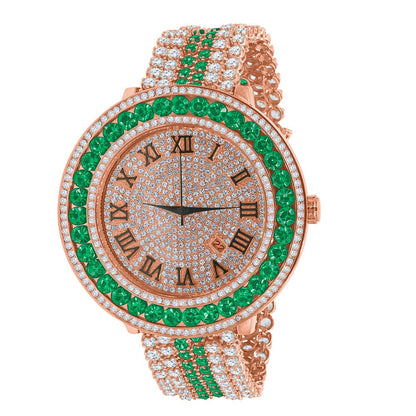 Mens Solitaire Roman Face Simulated Diamond Rose Gold Finish Emerald Green Steel Back Watch W/Date Function