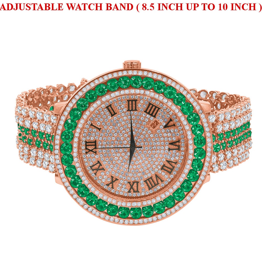 Mens Solitaire Roman Face Simulated Diamond Rose Gold Finish Emerald Green Steel Back Watch W/Date Function
