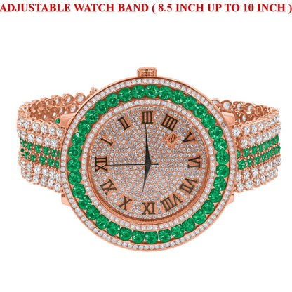 Mens Solitaire Roman Face Simulated Diamond Rose Gold Finish Emerald Green Steel Back Watch W/Date Function
