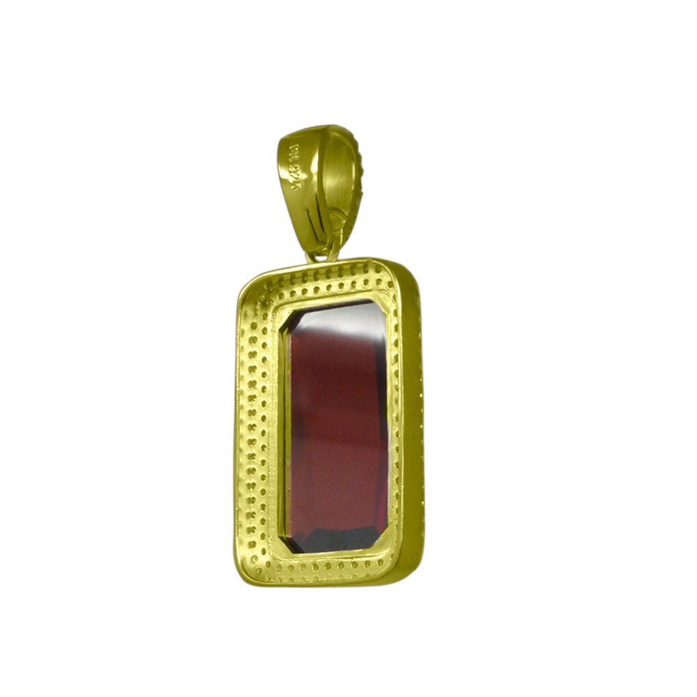 Real Sterling Silver Men's Yellow Gold Finish Rick Ross Garnet Ruby Red Pendant Chain Necklace