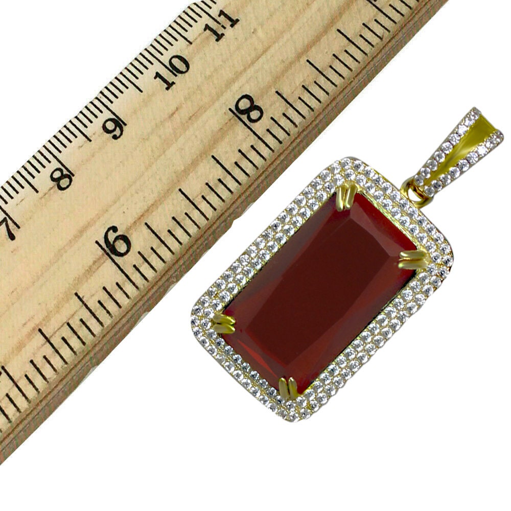 Real Sterling Silver Men's Yellow Gold Finish Rick Ross Garnet Ruby Red Pendant Chain Necklace