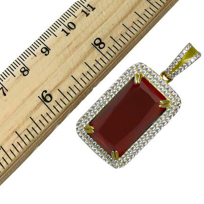 Real Sterling Silver Men's Yellow Gold Finish Rick Ross Garnet Ruby Red Pendant Chain Necklace