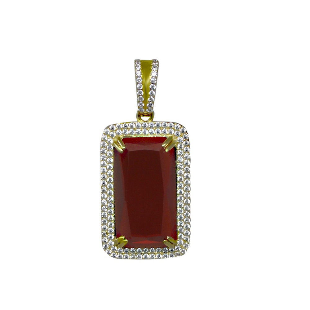 Real Sterling Silver Men's Yellow Gold Finish Rick Ross Garnet Ruby Red Pendant Chain Necklace
