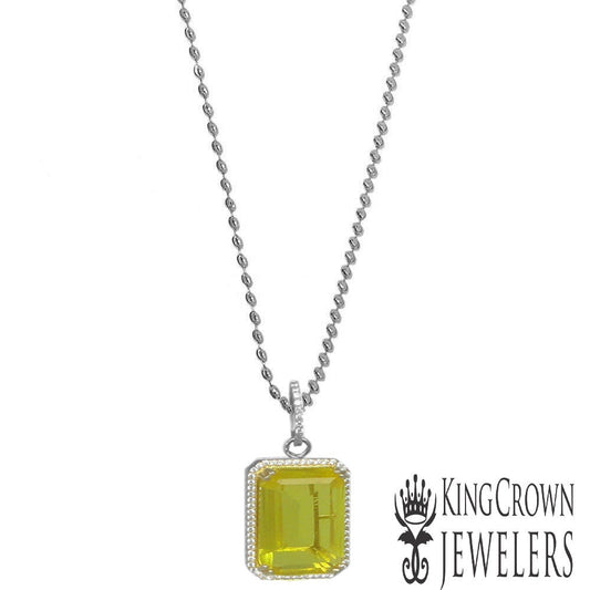 Simulated Citrine Canary 14k White Gold Finish Rectangle Charm Chain Necklace