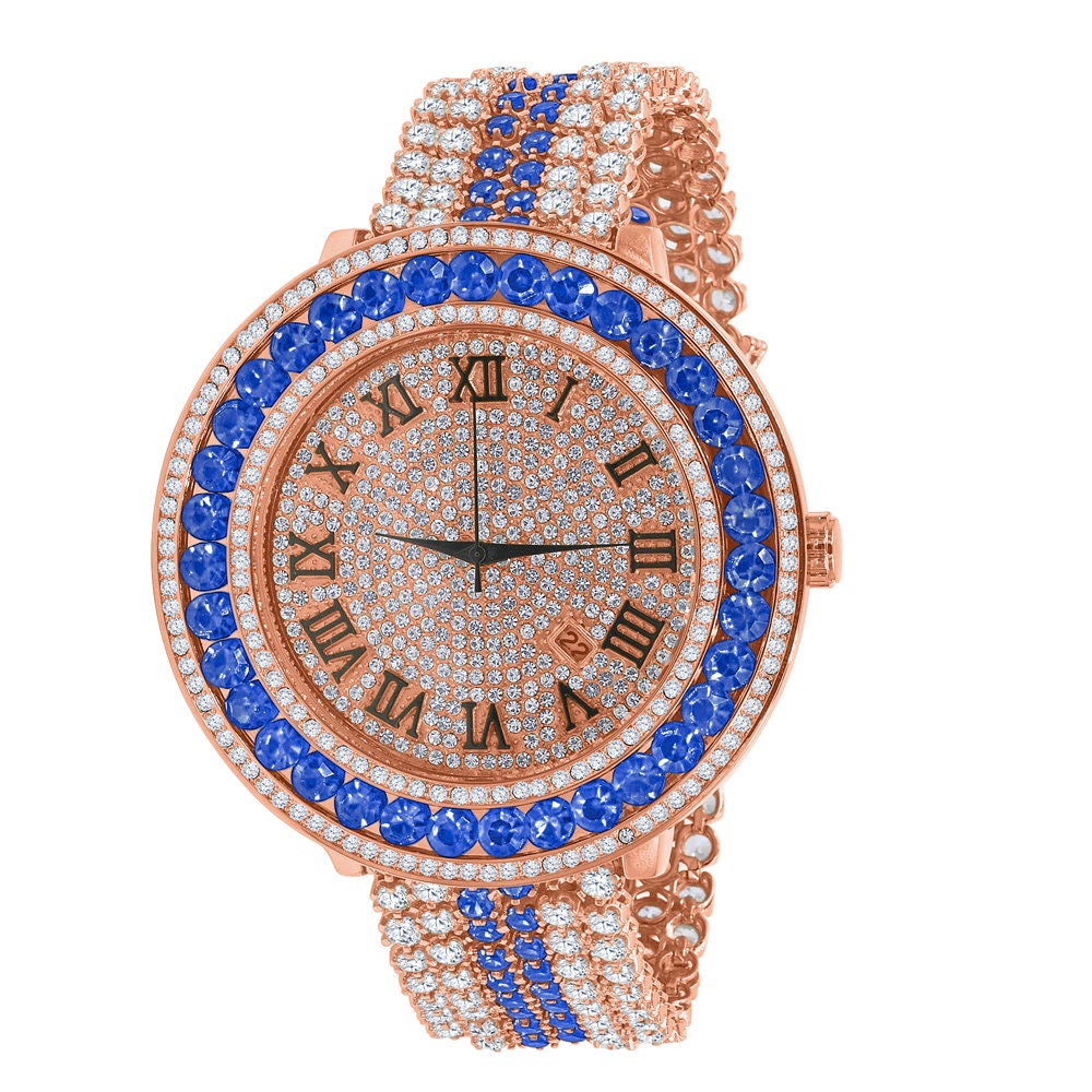 Custom Watch Blue Sapphire Solitaire Roman Dial Simulated Diamond Rose Gold Stainless Steel Back W/Date Function Mens