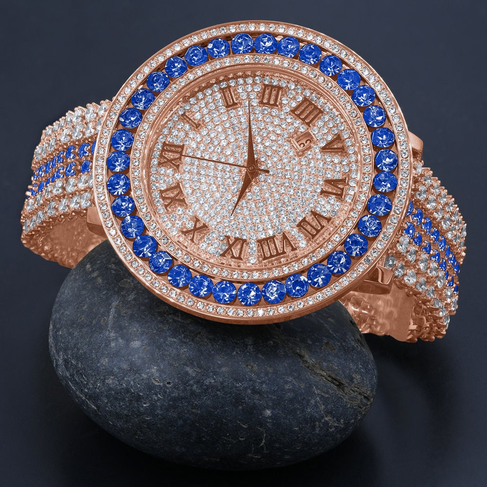 Custom Watch Blue Sapphire Solitaire Roman Dial Simulated Diamond Rose Gold Stainless Steel Back W/Date Function Mens