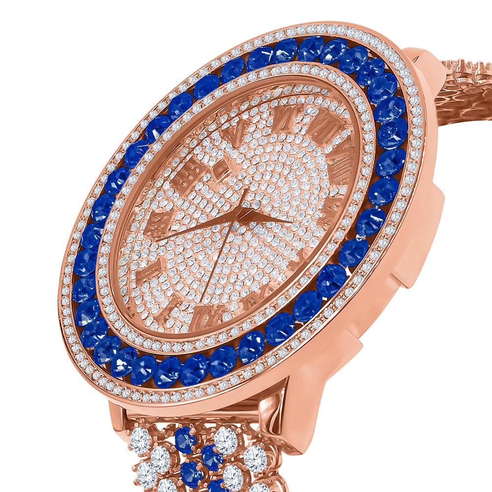 Custom Watch Blue Sapphire Solitaire Roman Dial Simulated Diamond Rose Gold Stainless Steel Back W/Date Function Mens