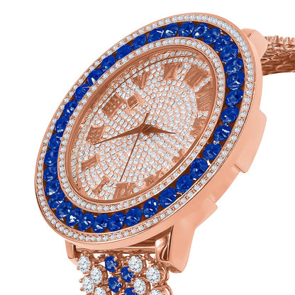 Custom Watch Blue Sapphire Solitaire Roman Dial Simulated Diamond Rose Gold Stainless Steel Back W/Date Function Mens