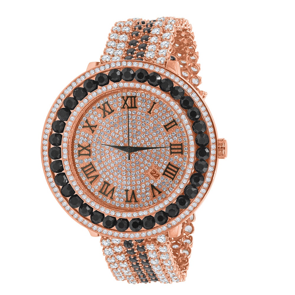 Black Onyx Custom Watch Solitaire Roman Dial Simulated Diamond Rose Gold Stainless Steel Back W/Date Function