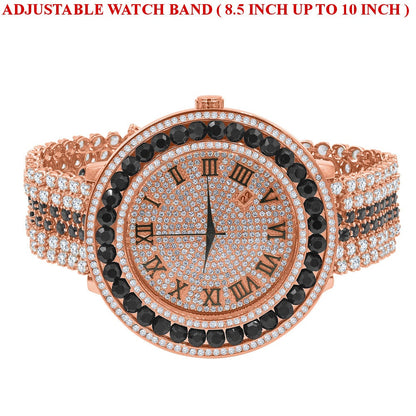 Black Onyx Custom Watch Solitaire Roman Dial Simulated Diamond Rose Gold Stainless Steel Back W/Date Function