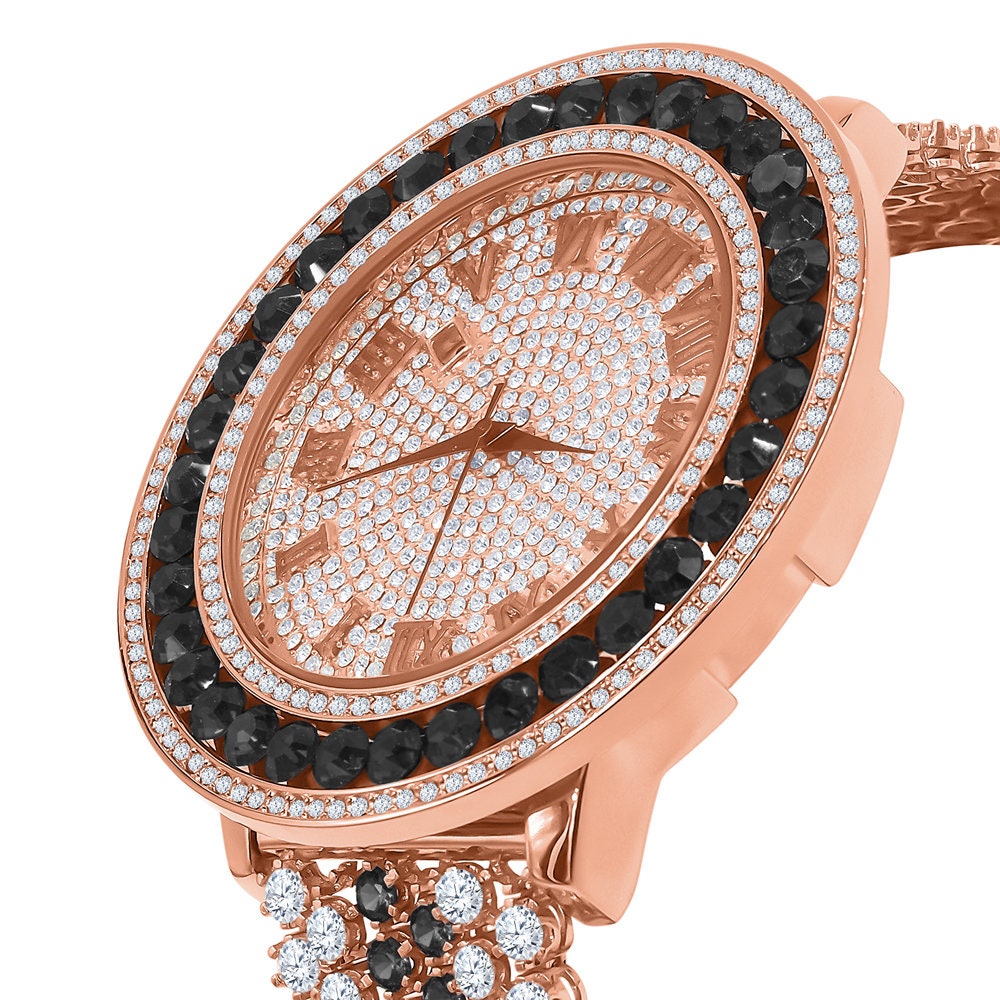 Black Onyx Custom Watch Solitaire Roman Dial Simulated Diamond Rose Gold Stainless Steel Back W/Date Function