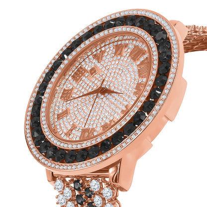 Black Onyx Custom Watch Solitaire Roman Dial Simulated Diamond Rose Gold Stainless Steel Back W/Date Function