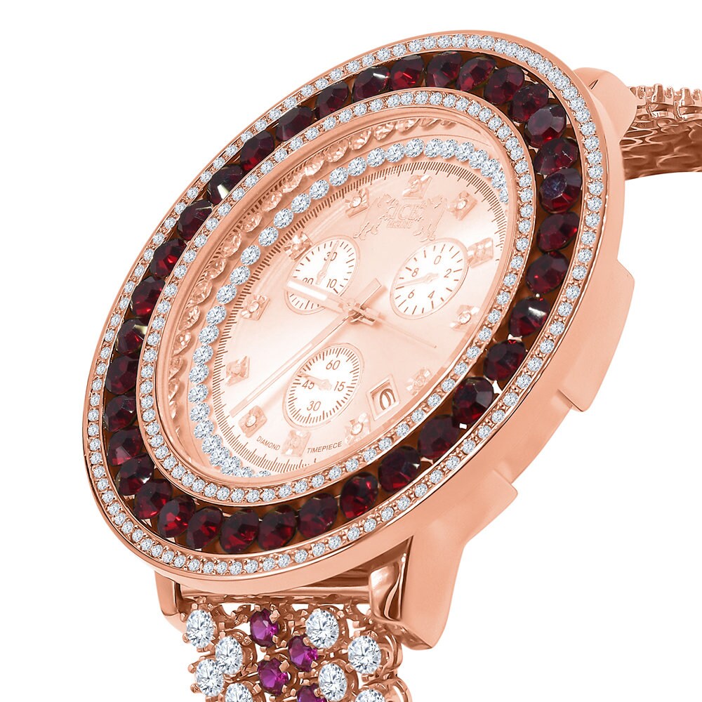 Fully Iced Out Solitaire Real Diamond Dial Ruby Red Stainless Steel Back Mens Rose Gold Watch W/Date Function